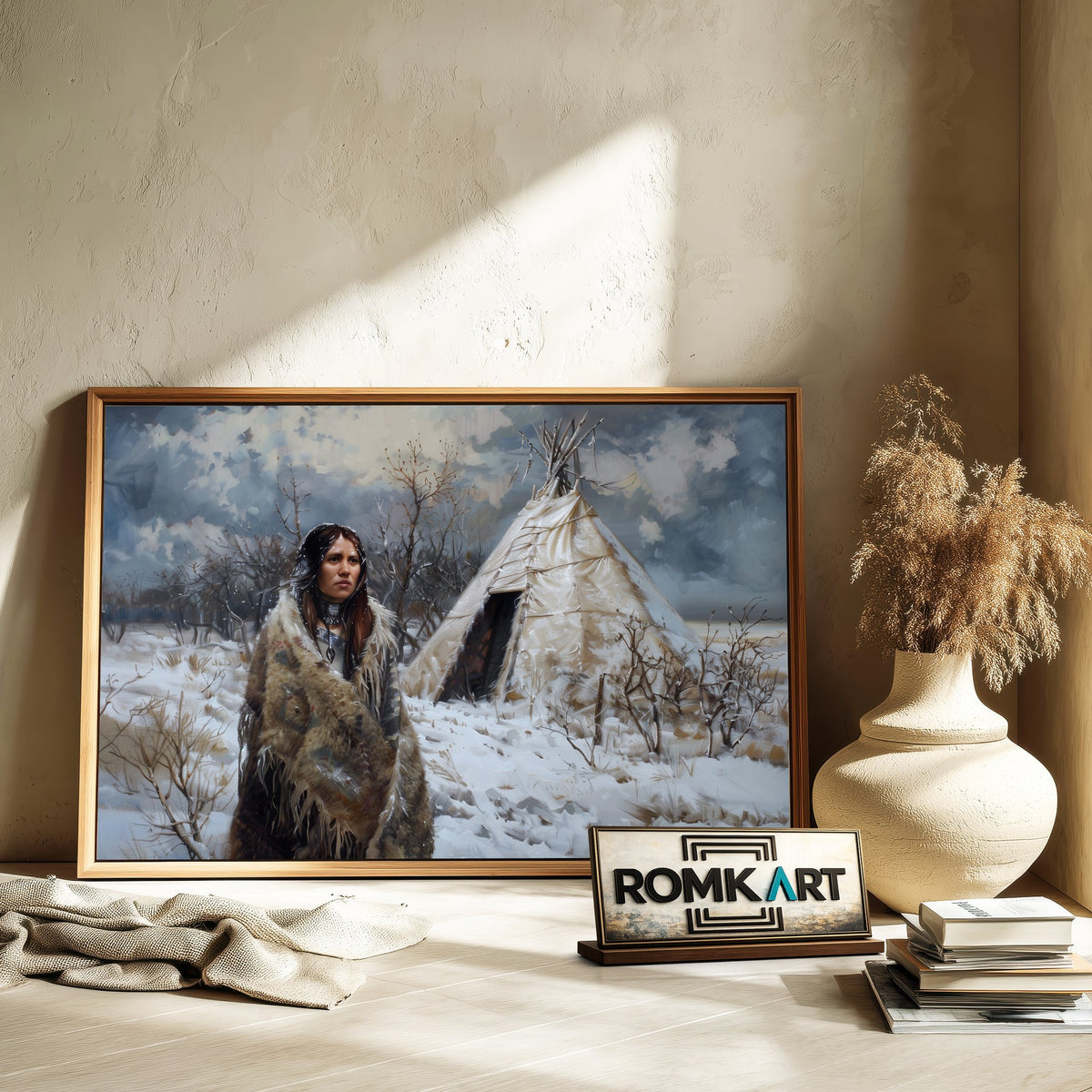 Native American Woman and Teepee Oil Painting - image 6