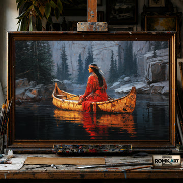 Native American Woman on Birchbark Canoe hand-painted oil painting on canvas