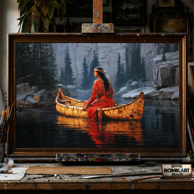 Native American Woman on Birchbark Canoe hand-painted oil painting on canvas