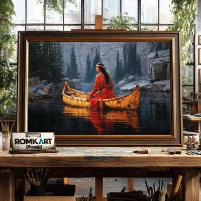 Native American Woman on Birchbark Canoe Oil Painting - image 2
