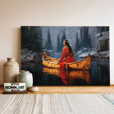 Native American Woman on Birchbark Canoe Oil Painting - image 3