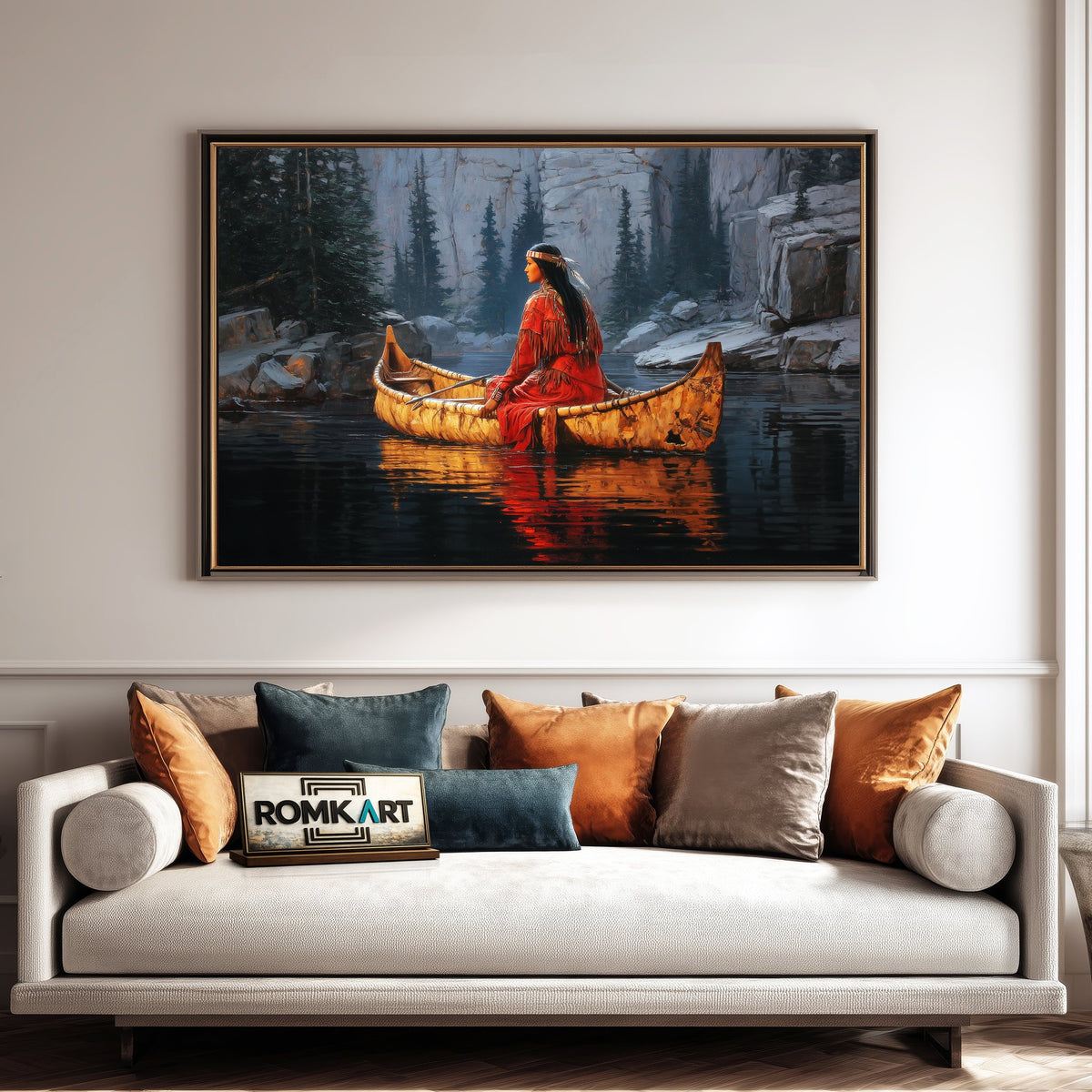 Native American Woman on Birchbark Canoe Oil Painting - image 4