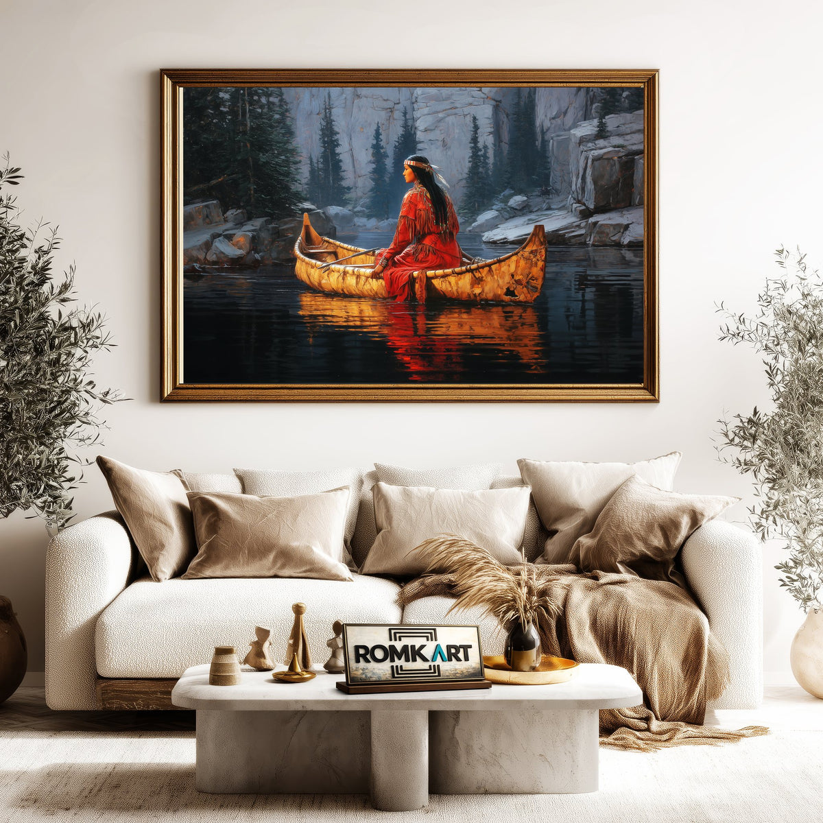 Native American Woman on Birchbark Canoe Oil Painting - image 5