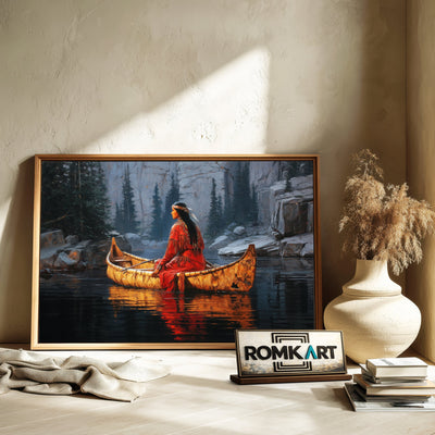 Native American Woman on Birchbark Canoe Oil Painting - image 6