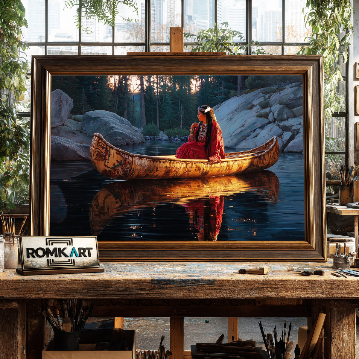 Native American Woman on River Mountain Oil Painting - image 2