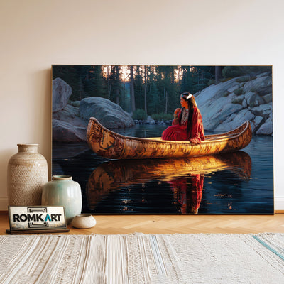 Native American Woman on River Mountain Oil Painting - image 3