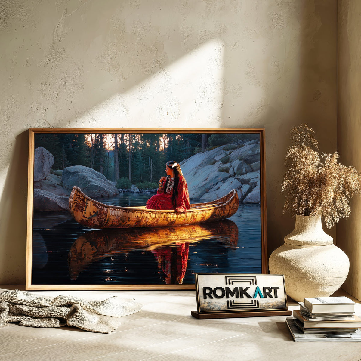 Native American Woman on River Mountain Oil Painting - image 6