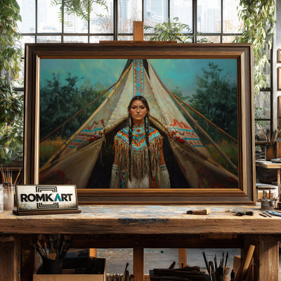Native American Woman Traditional Teepee Oil Painting - image 2