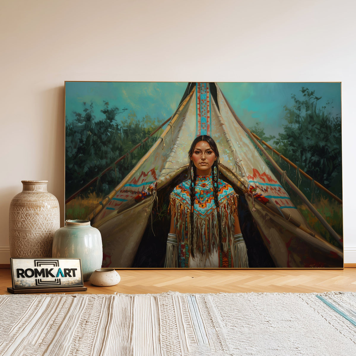 Native American Woman Traditional Teepee Oil Painting - image 3