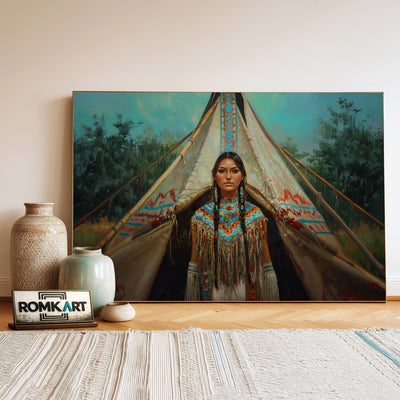 Native American Woman Traditional Teepee Oil Painting - image 3