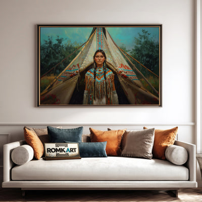 Native American Woman Traditional Teepee Oil Painting - image 4