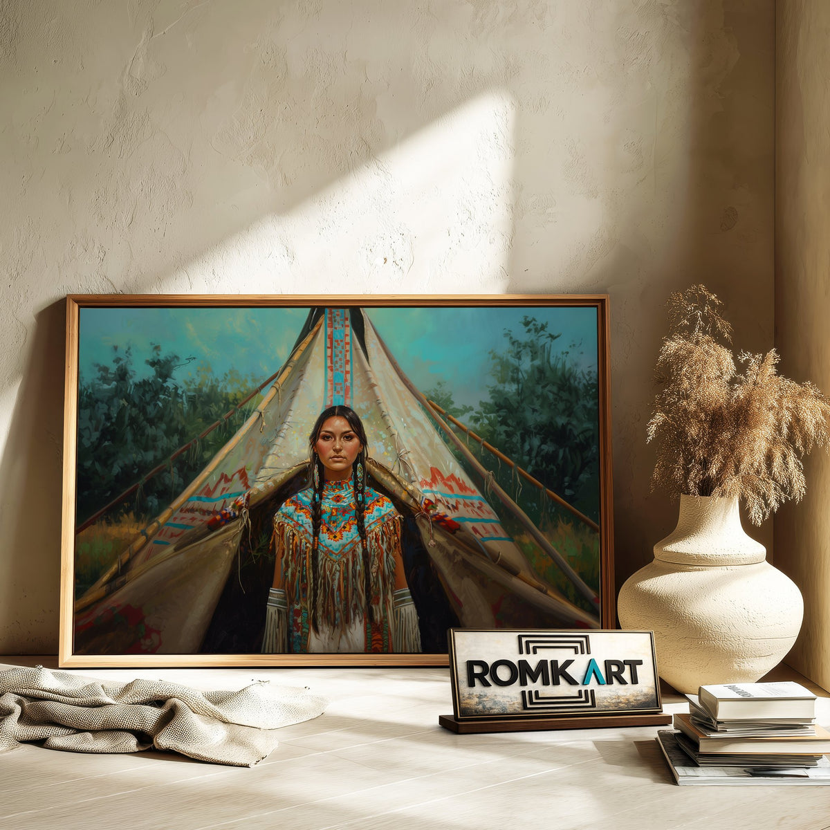 Native American Woman Traditional Teepee Oil Painting - image 6