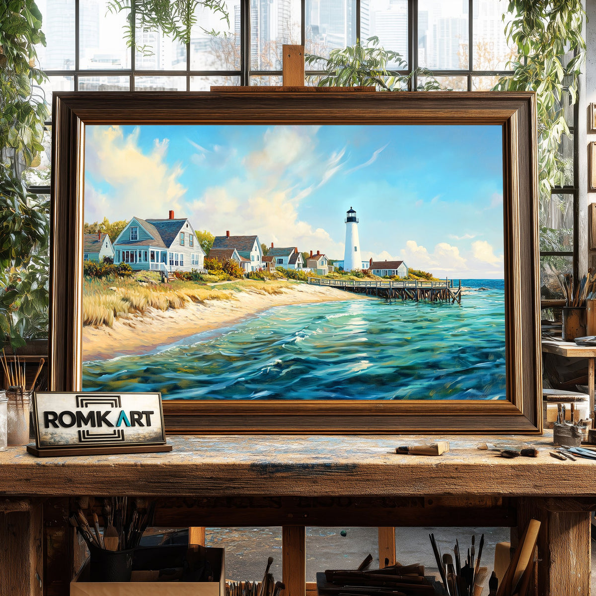 New England Coastal Village Seascape Oil Painting - image 2