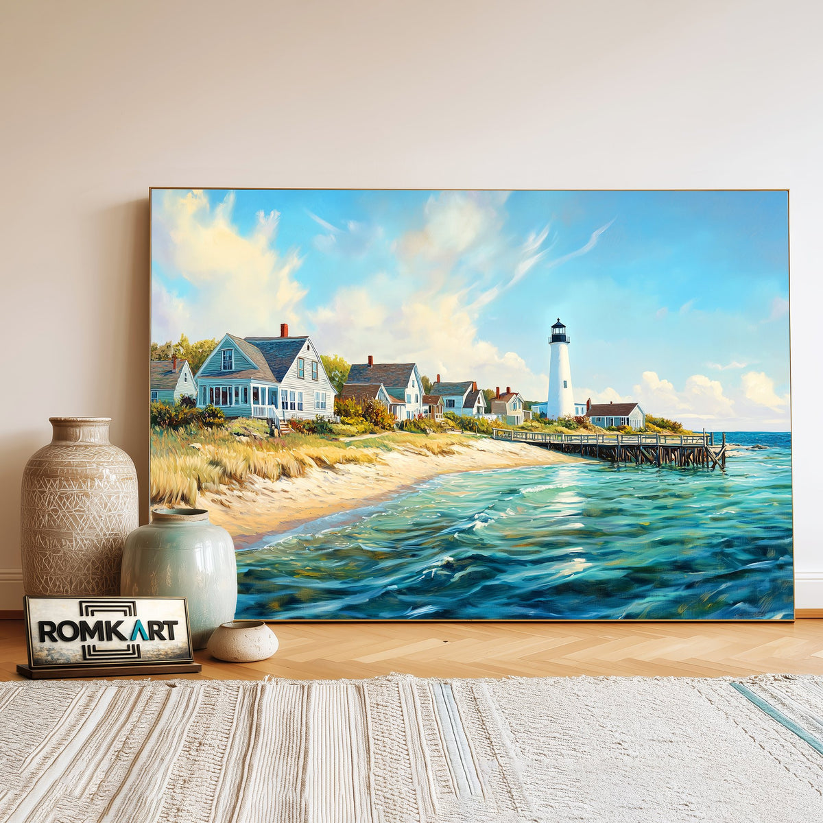 New England Coastal Village Seascape Oil Painting - image 3