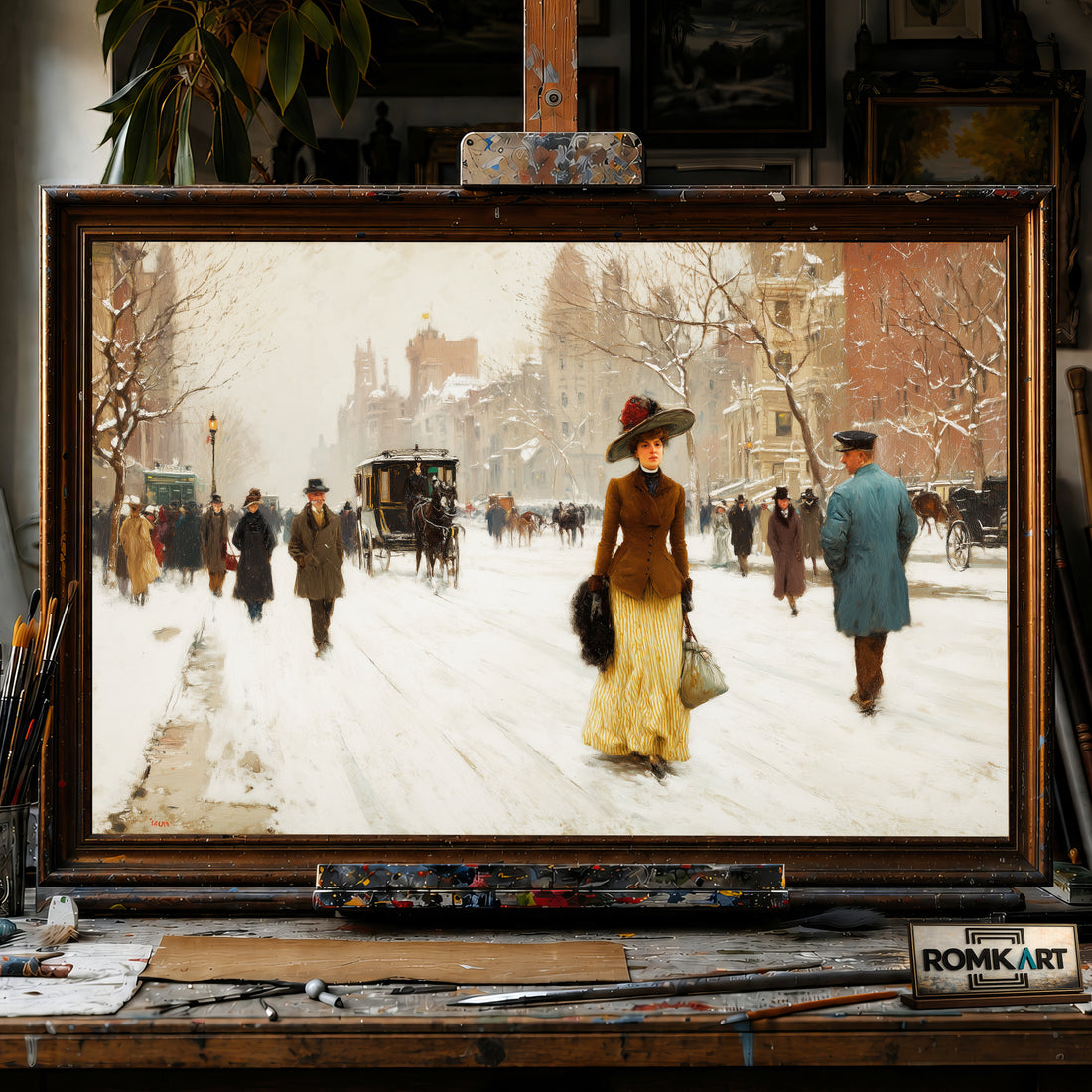New York Street 19th century hand-painted oil painting on canvas