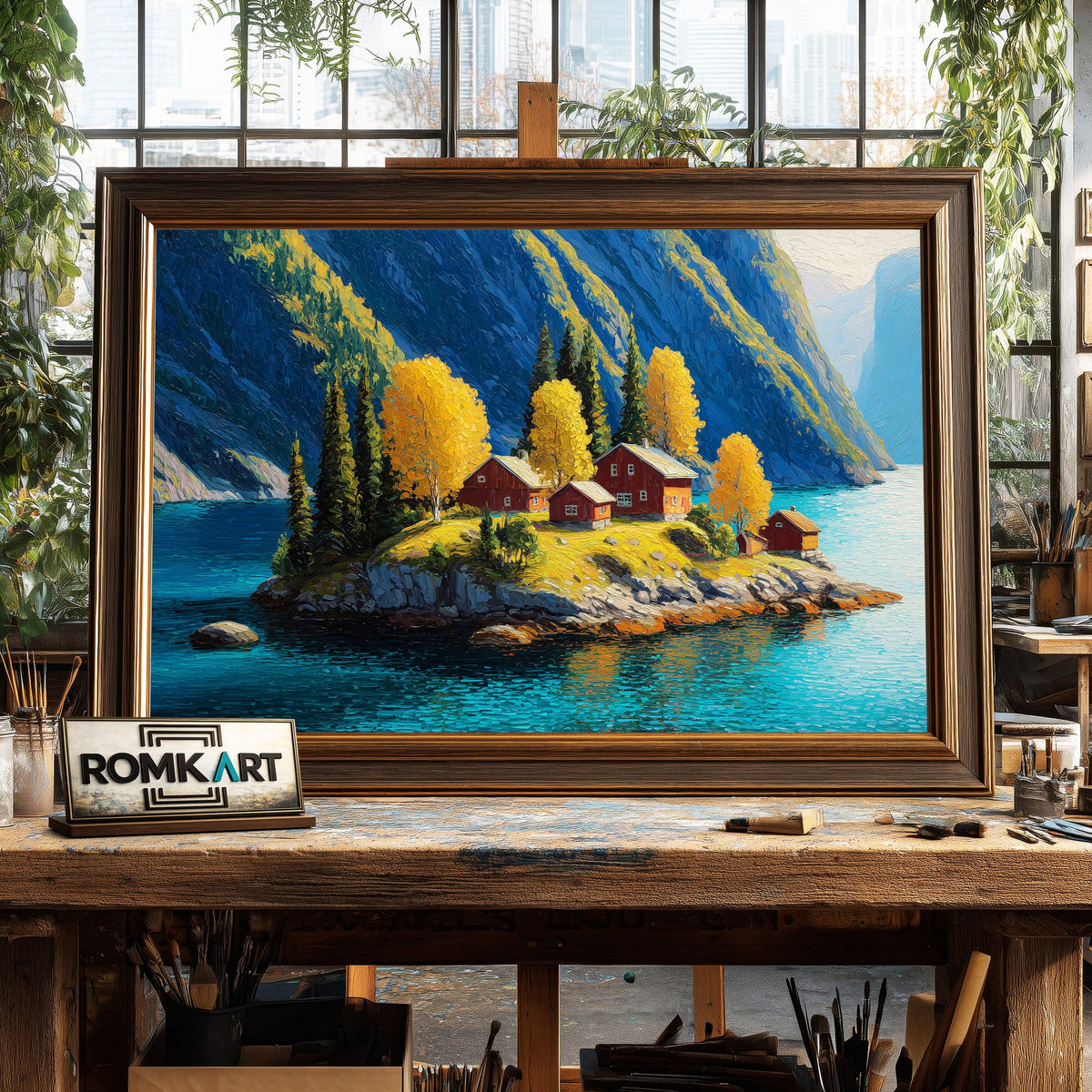 Nordic Island Lakeside Waterscape Oil Painting - image 2