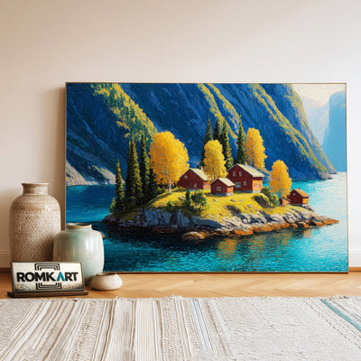 Nordic Island Lakeside Waterscape Oil Painting - image 3