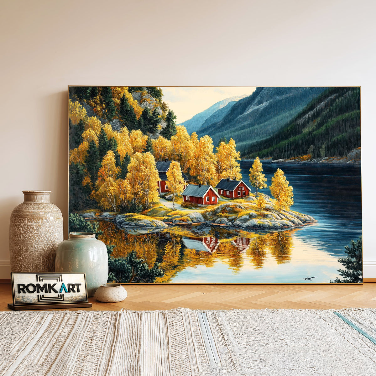 Nordic Island Red Cottages Landscape Oil Painting - image 3