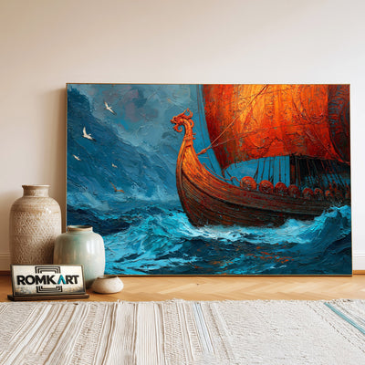 Nordic Viking Ship Maritime Oil Painting - image 3