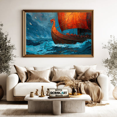 Nordic Viking Ship Maritime Oil Painting - image 5