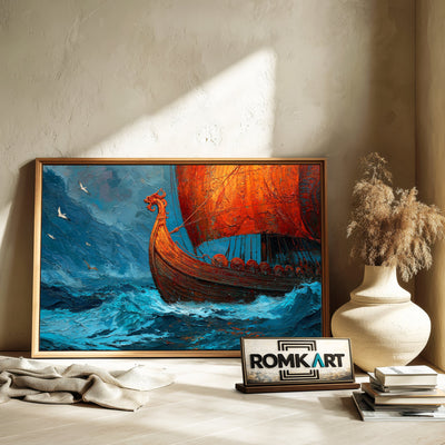 Nordic Viking Ship Maritime Oil Painting - image 6