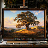 Oak Tree atop Golden Grassy Hills hand-painted oil painting on canvas
