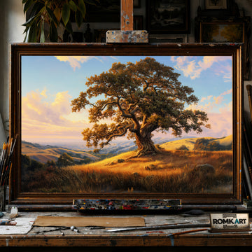 Oak Tree atop Golden Grassy Hills hand-painted oil painting on canvas