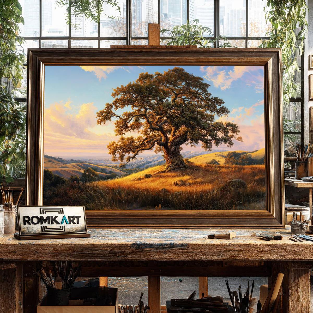 Oak Tree atop Golden Grassy Hills Forest Landscape Oil Painting - image 2