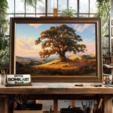 Oak Tree atop Golden Grassy Hills Forest Landscape Oil Painting - image 2