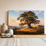 Oak Tree atop Golden Grassy Hills Forest Landscape Oil Painting - image 3