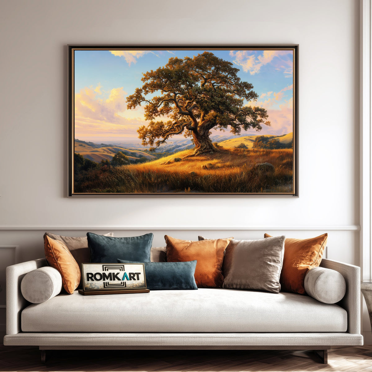 Oak Tree atop Golden Grassy Hills Forest Landscape Oil Painting - image 4