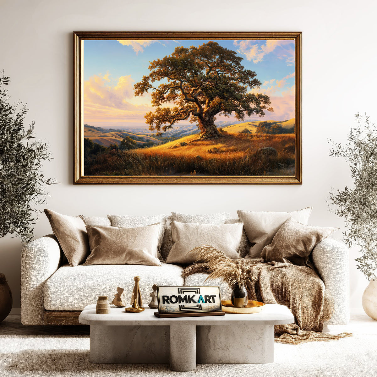 Oak Tree atop Golden Grassy Hills Forest Landscape Oil Painting - image 5