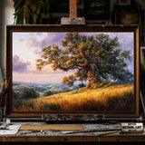 Oak Tree Golden Grassy Hills hand-painted oil painting on canvas