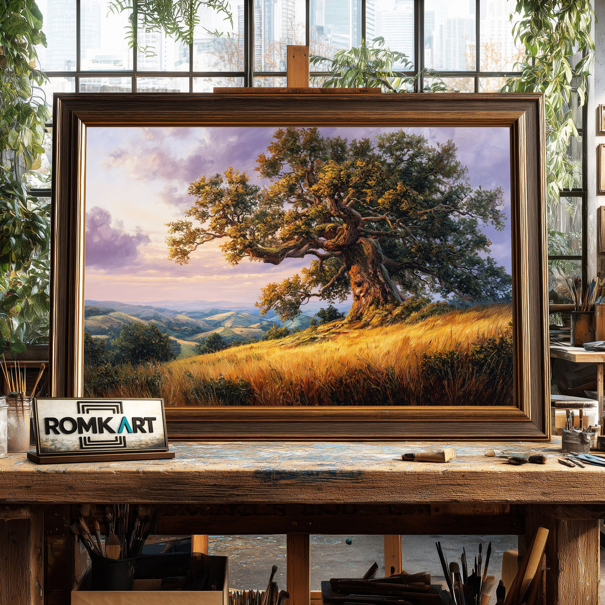 Oak Tree Golden Grassy Hills Forest Landscape Oil Painting - image 2