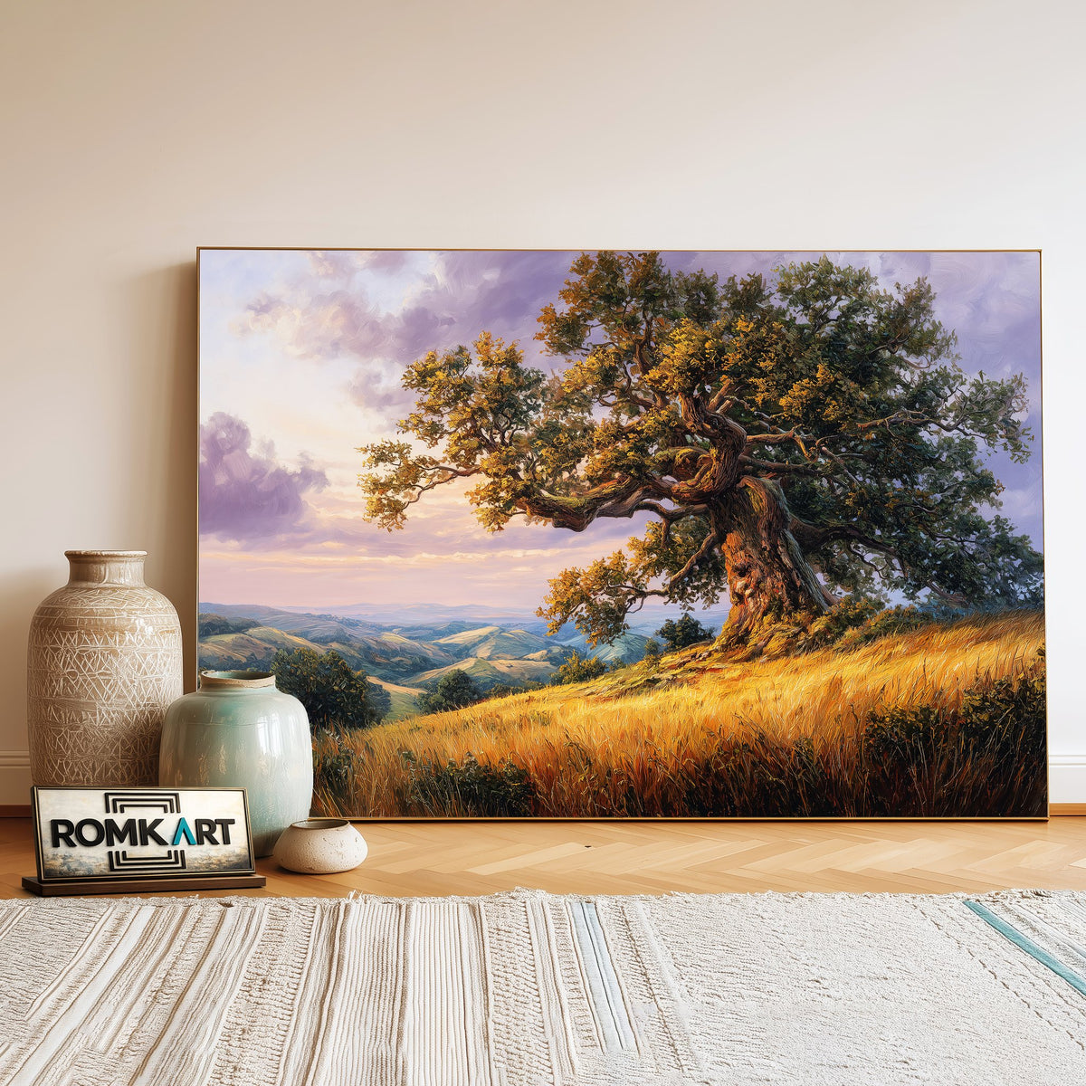 Oak Tree Golden Grassy Hills Forest Landscape Oil Painting - image 3