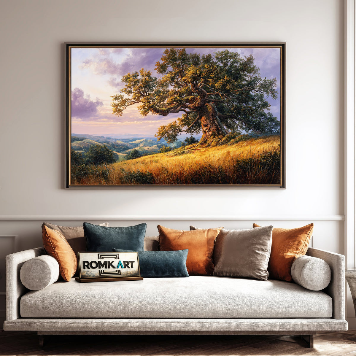 Oak Tree Golden Grassy Hills Forest Landscape Oil Painting - image 4