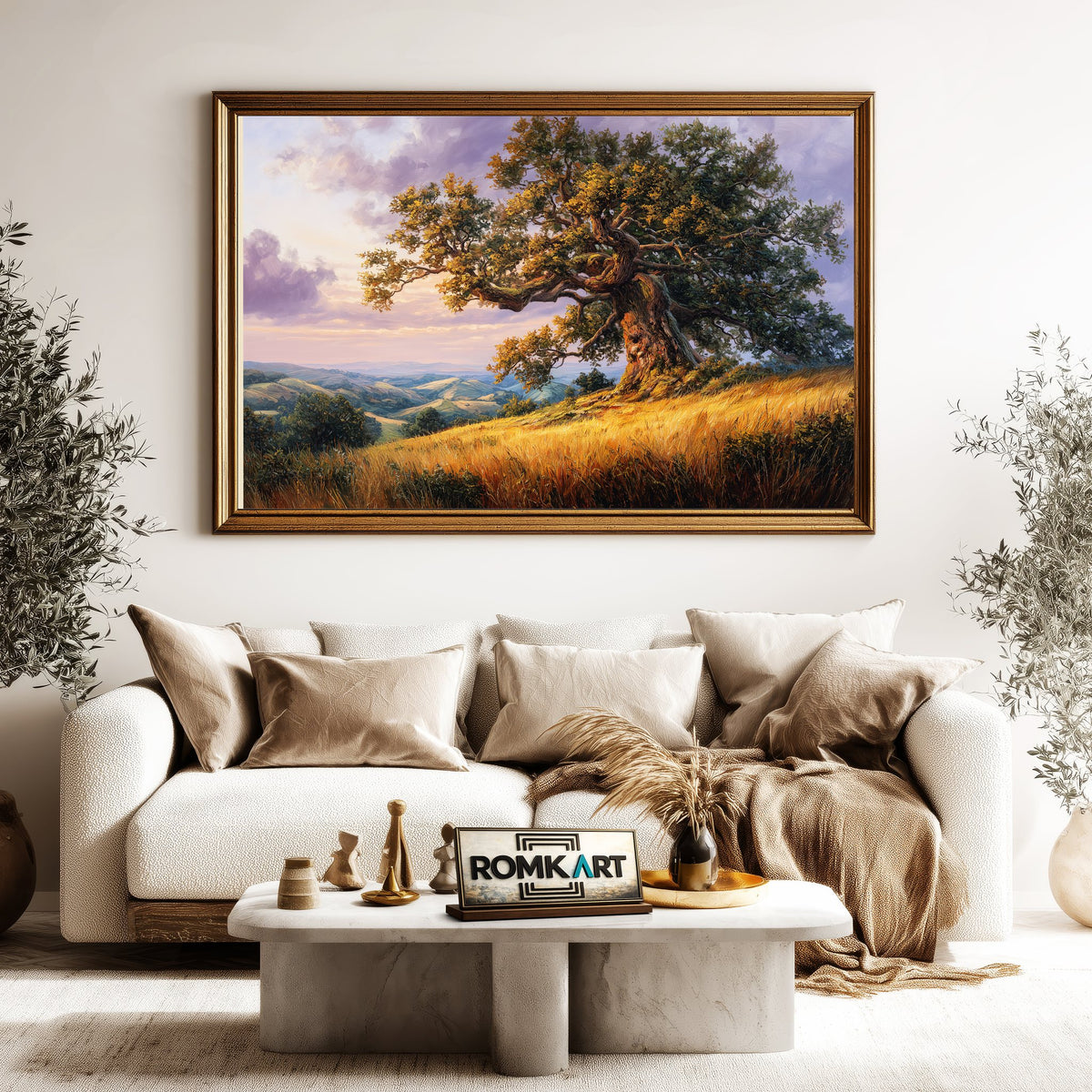 Oak Tree Golden Grassy Hills Forest Landscape Oil Painting - image 5