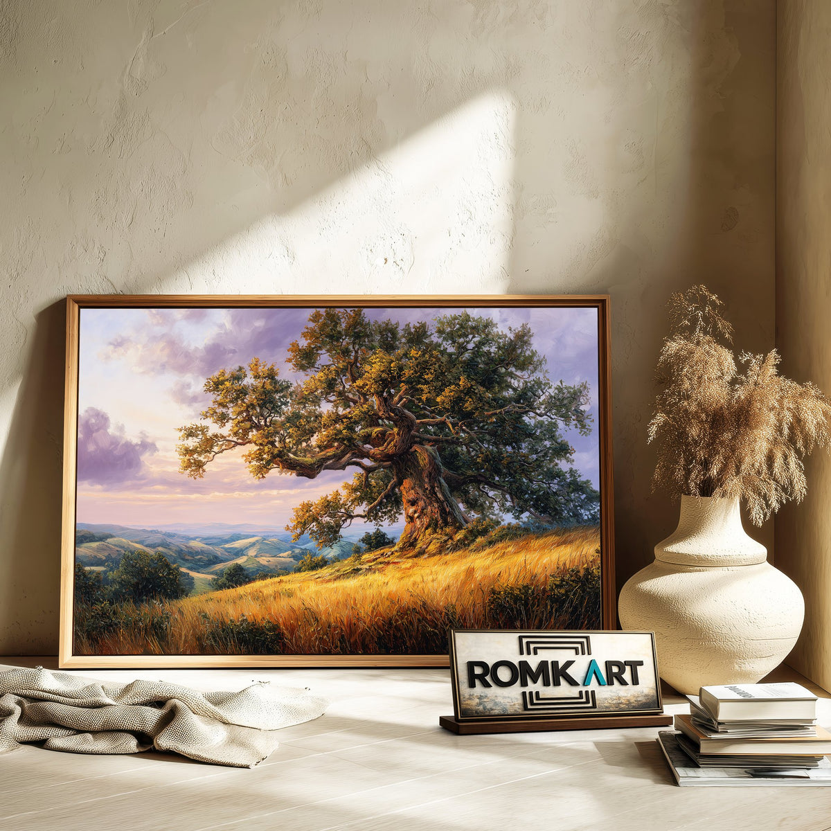 Oak Tree Golden Grassy Hills Forest Landscape Oil Painting - image 6