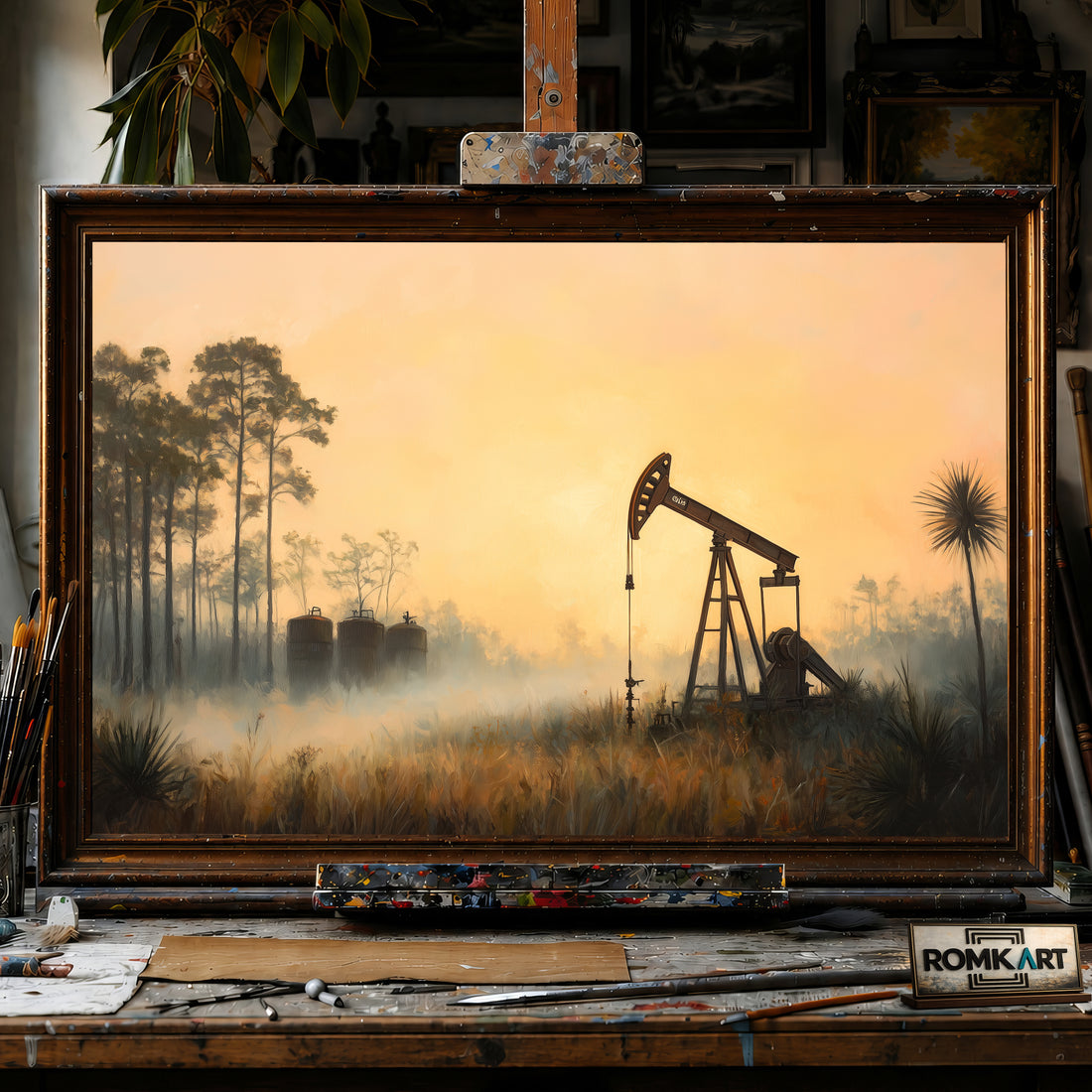 Oil Pump Jack in Misty Landscape hand-painted oil painting on canvas