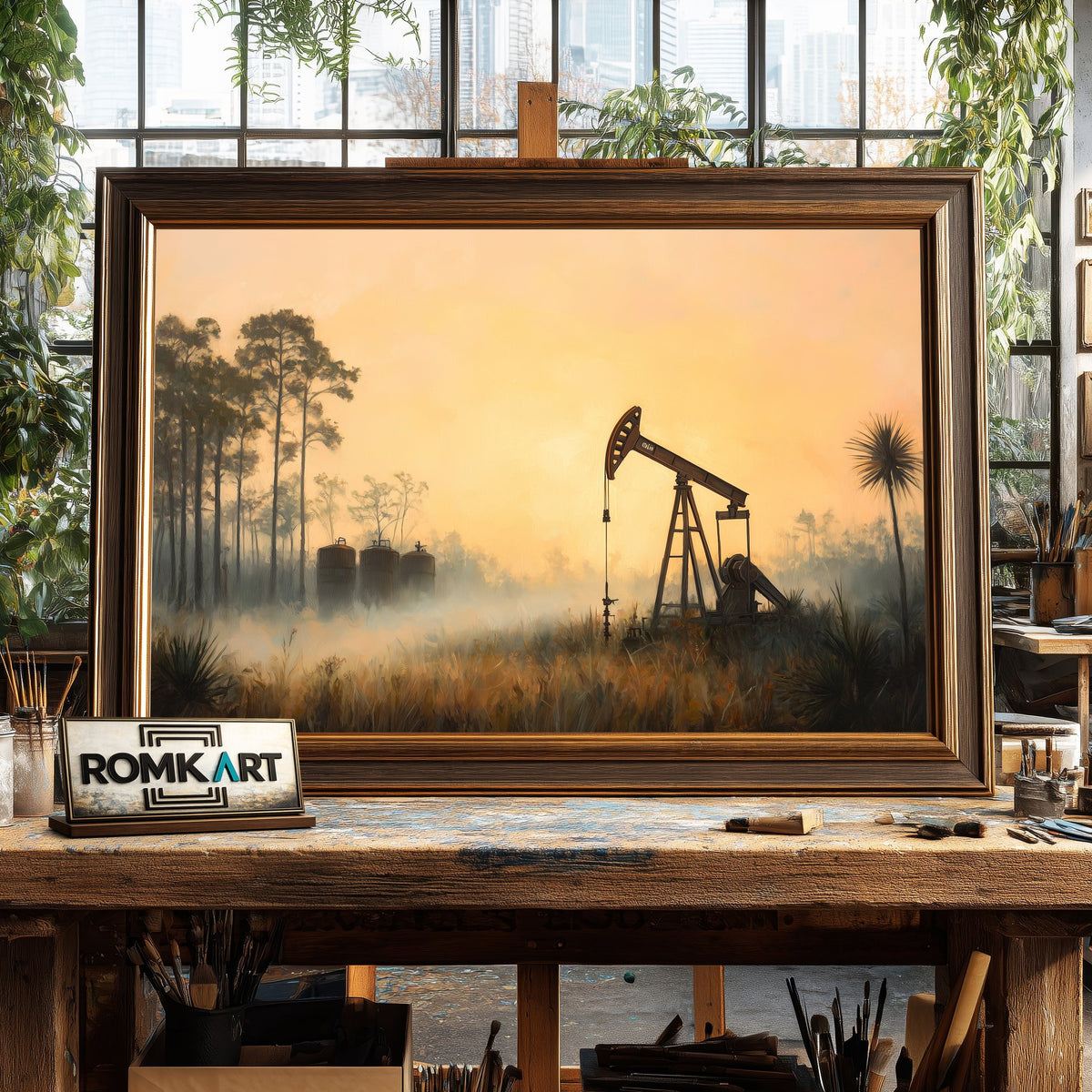 Oil Pump Jack in Misty Landscape Oil Painting - image 2