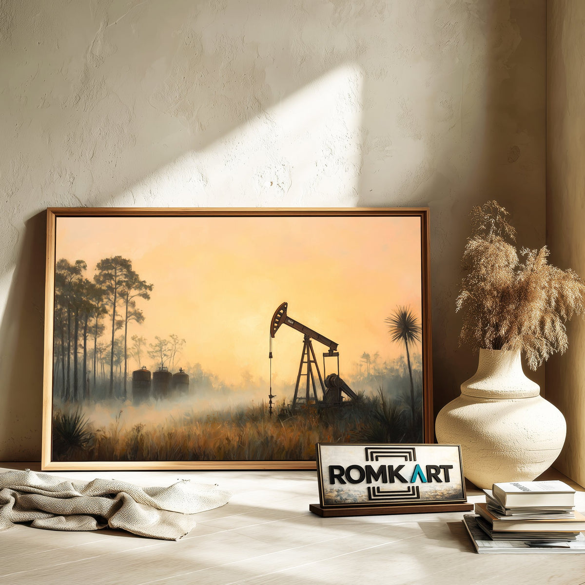 Oil Pump Jack in Misty Landscape Oil Painting - image 6