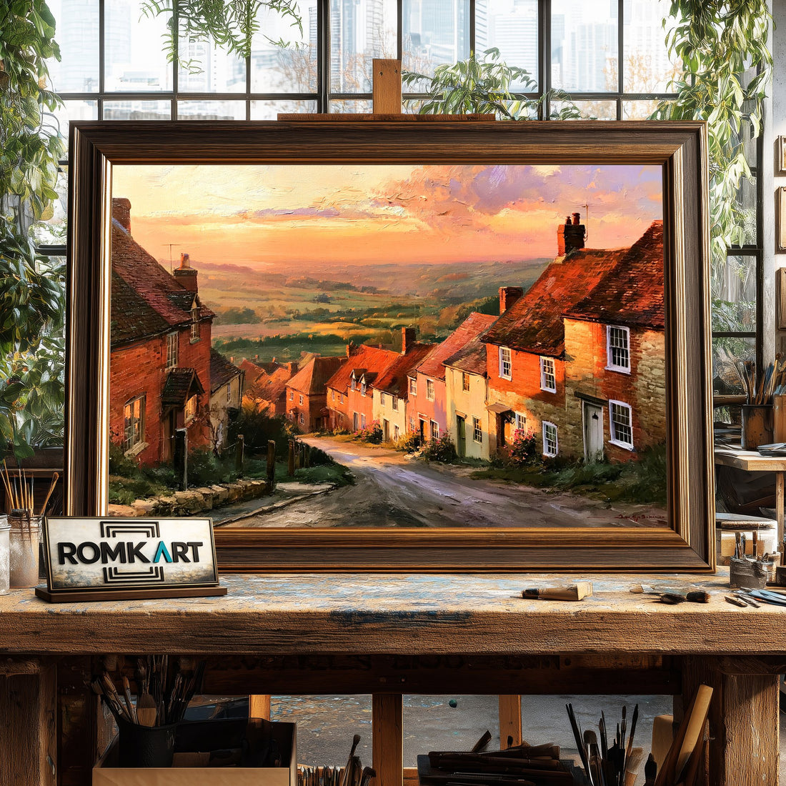 Old English Village hand-painted oil painting on canvas