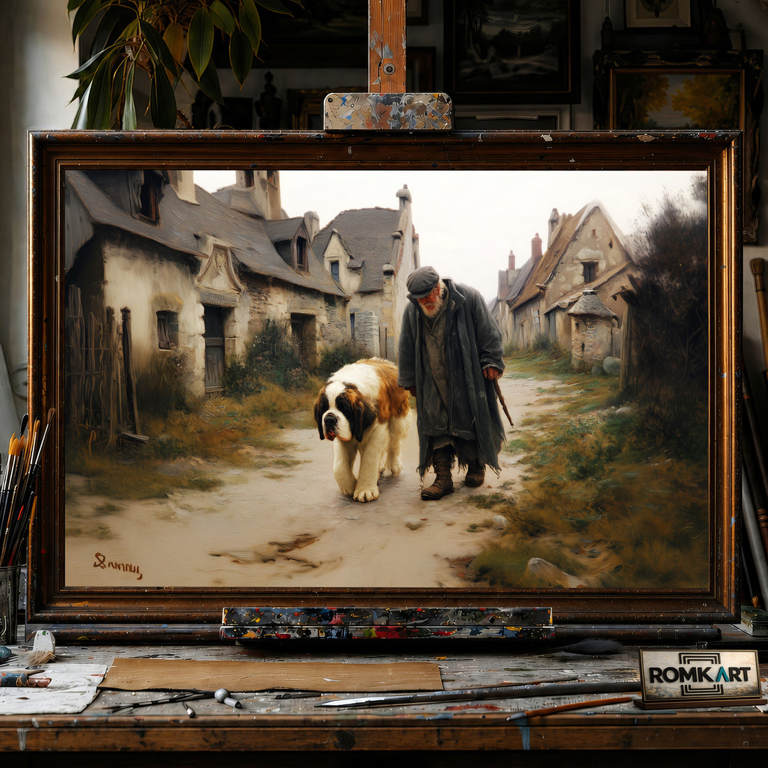 Old Man and Saint Bernard Dog in European Countryside hand-painted oil painting on canvas