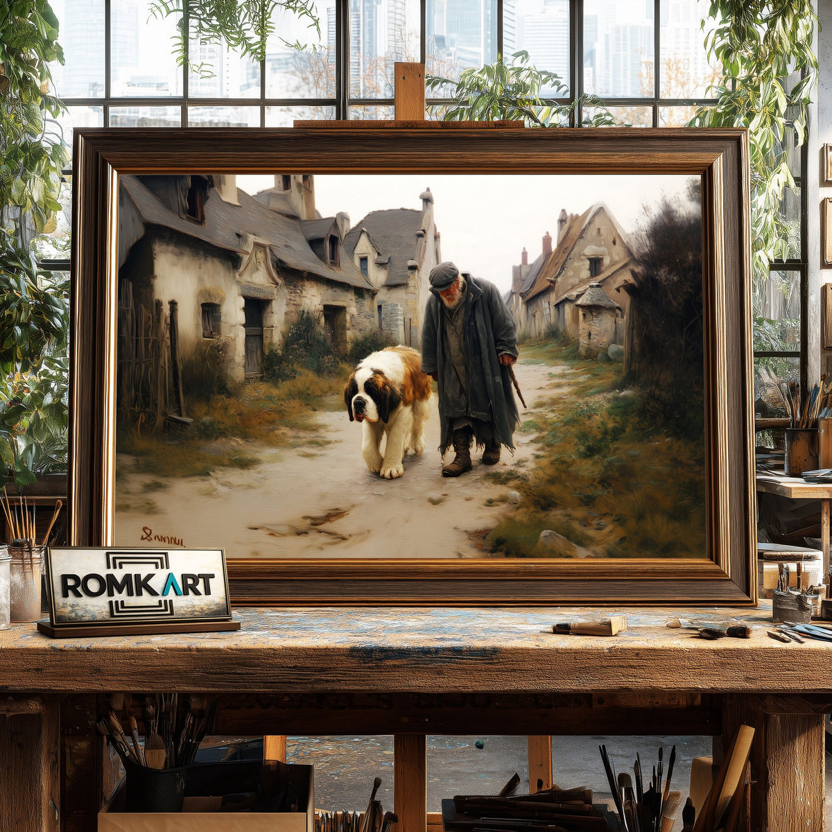 Old Man and Saint Bernard Dog in European Countryside Oil Painting - image 2