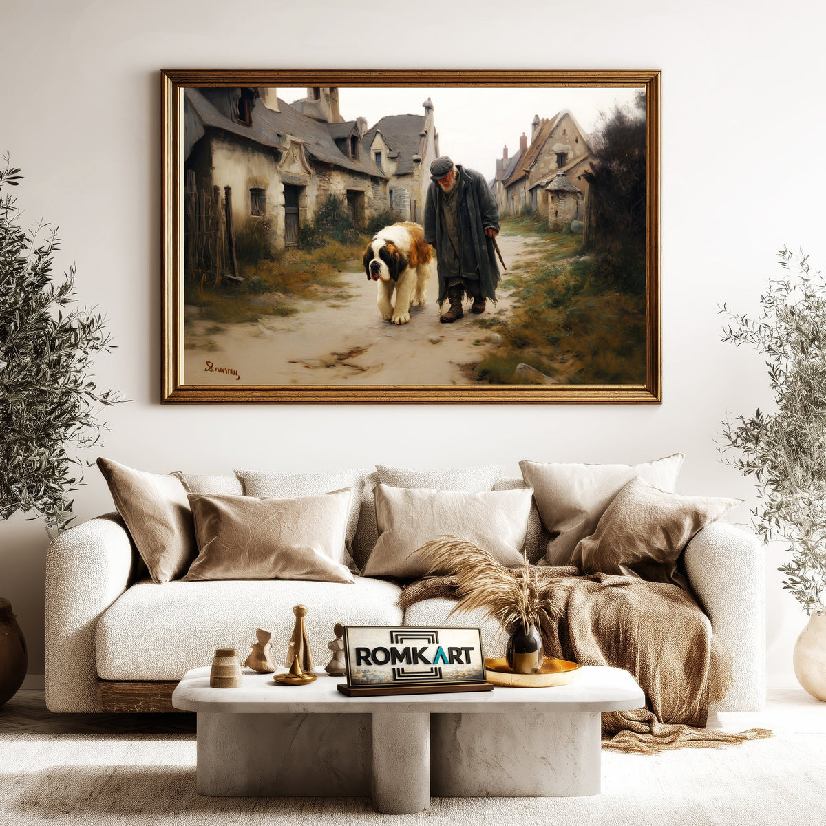 Old Man and Saint Bernard Dog in European Countryside Oil Painting - image 5