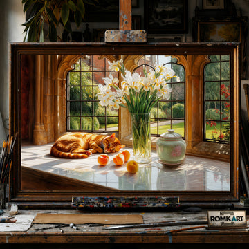 Orange Cat in Window hand-painted oil painting on canvas