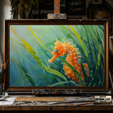 Orange Seahorse in Green Sea Grass hand-painted oil painting on canvas