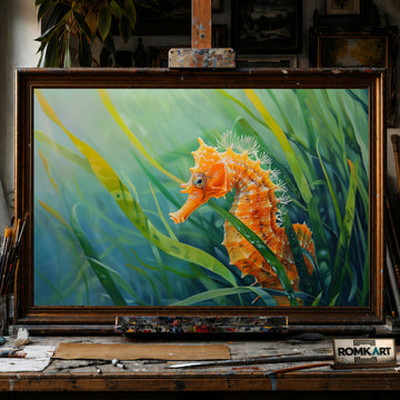 Orange Seahorse in Green Sea Grass hand-painted oil painting on canvas