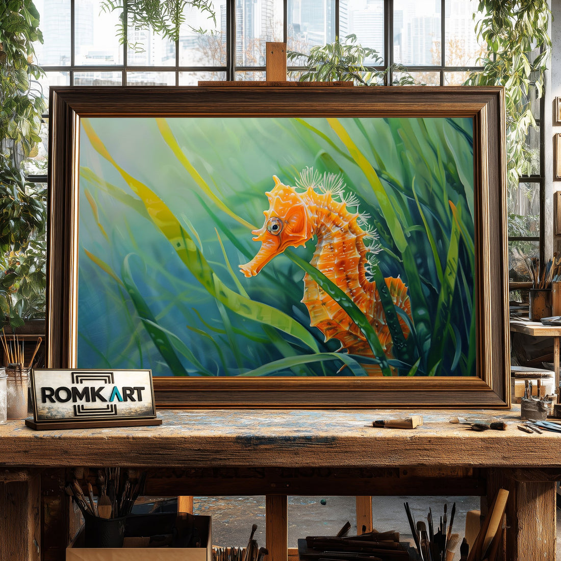Orange Seahorse in Green Sea Grass hand-painted oil painting on canvas