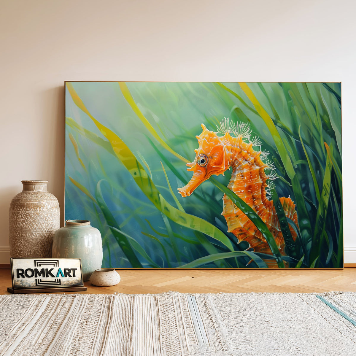 Orange Seahorse in Green Sea Grass Marine Life Oil Painting - image 3